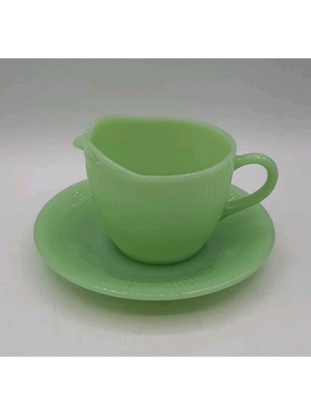 Vintage Fire King Jadeite Creamer and Coffee Saucer Jane Ray Two Piece USA Glass